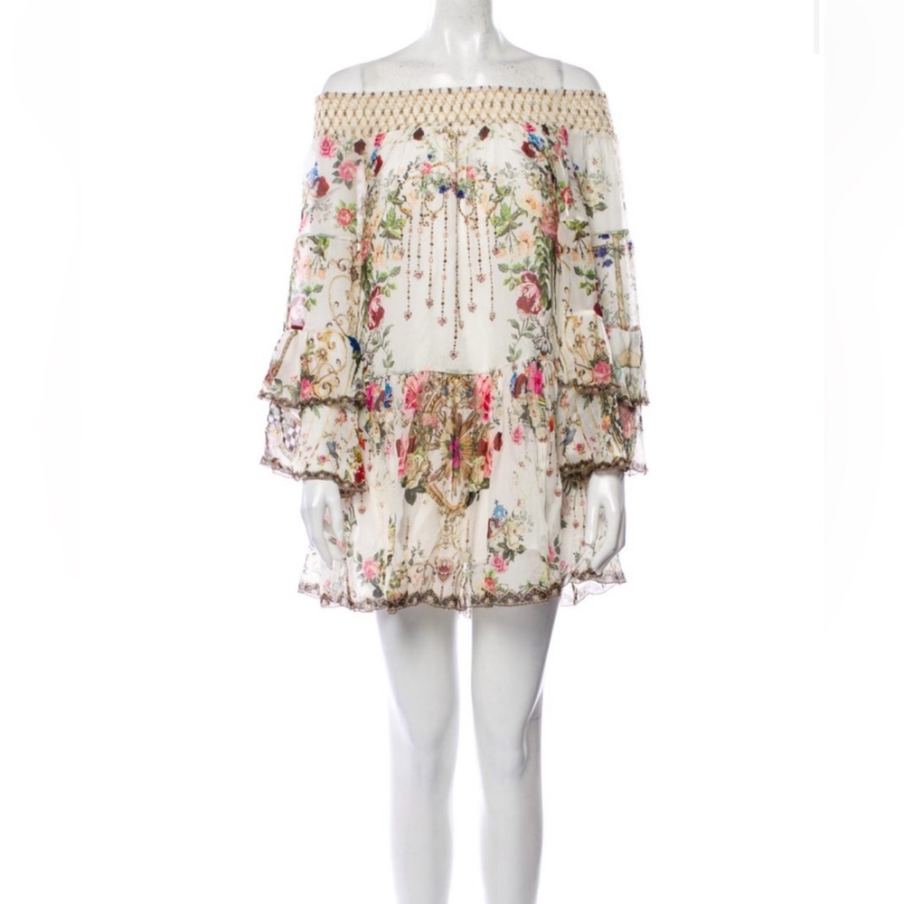 RARE CAMILLA Silk Long Sleeve Ruffle Crystal Dress Size: XS